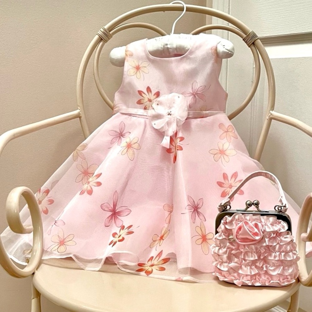 Pink Floral Party Dress & Purse Set 12M
